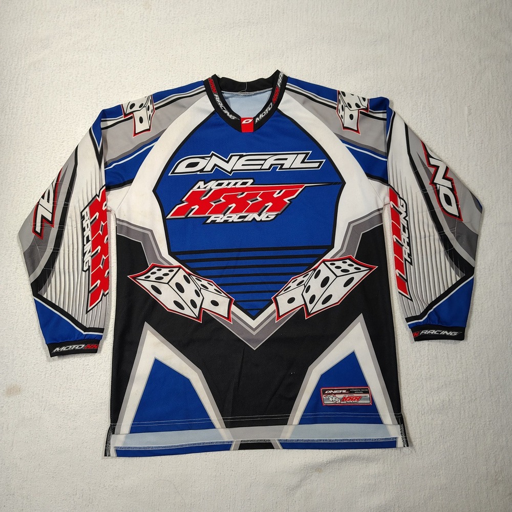 VINTAGE O'Neal Jersey Mens XL Blue Moto XXX Racing Polyester Y2K Motocross Dice